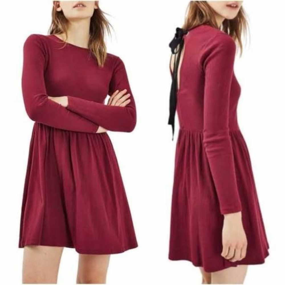 TopShop Maroon Long Sleeve Ribbed Dress